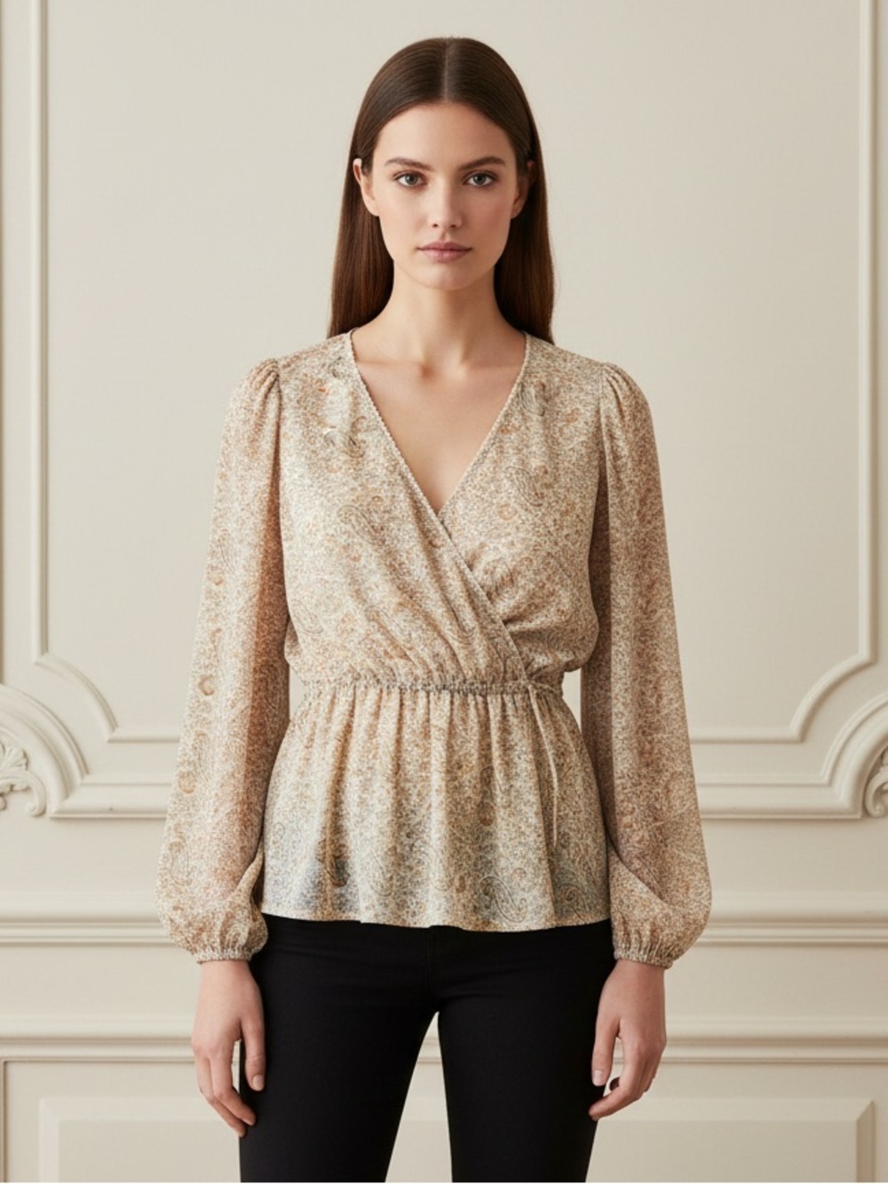 Orange Creek Women's Cream Wrap Top With Paisley Design
